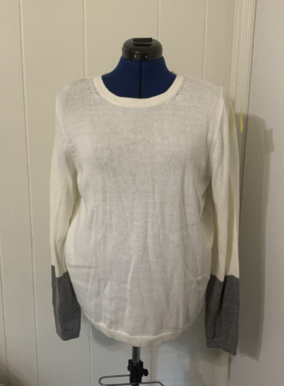 NWT Ann Taylor White Color Block Long Sleeve Cotton Cashmere Blend Sweater Sz XL